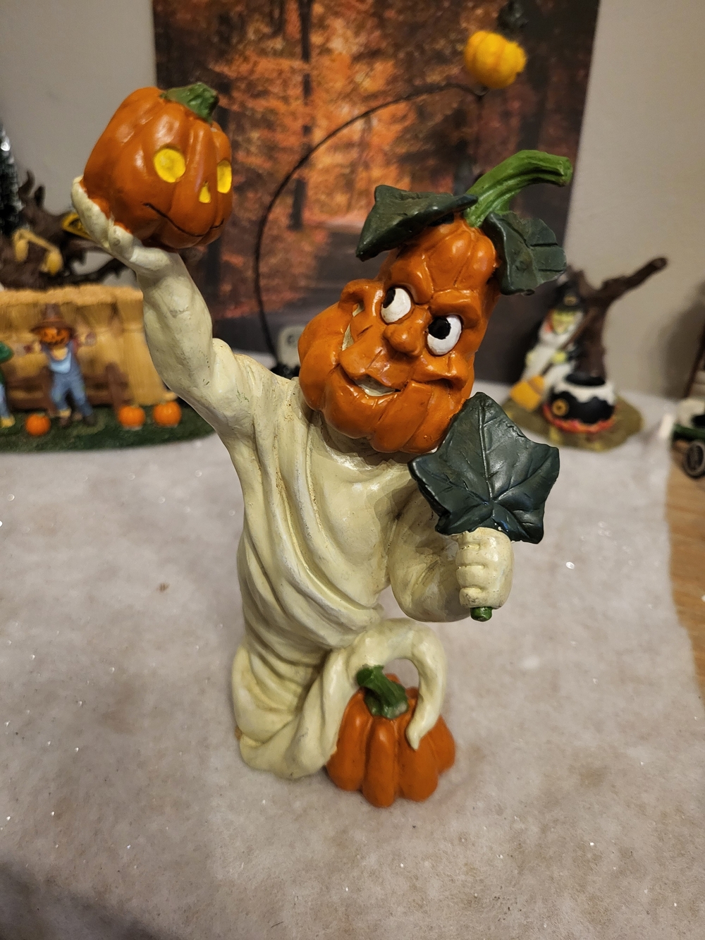Vintage Halloween Pumpkin Head Ghost Figurine Jack-O-Lantern 90s Decor 7.5"